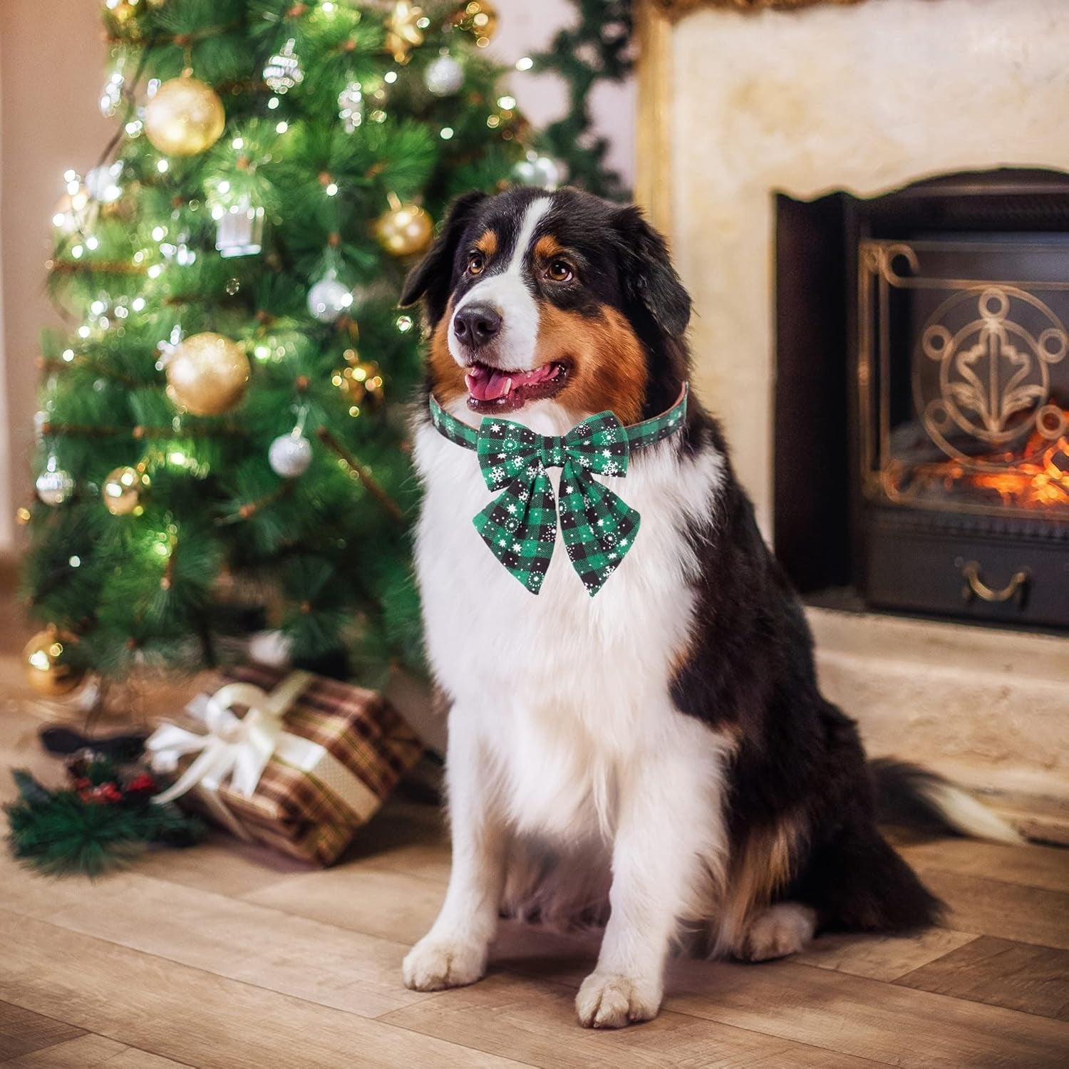 2 Pack Christmas Dog Collar with Bow Tie, Classic Plaid Red Green Dog Collars with Removable Bowtie Christmas Collars for Large Dogs Pets (Large, Christmas Bow-2)