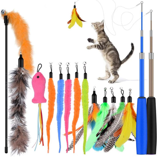 Cat Feather Toys, 10PCS Cat Toys with Super Suction Cup, Detachable 2PCS Cat Wand Toys & 6PCS Replacement Teaser Refills with Bell, Interactive Cat Toy for Indoor Cat Accessories