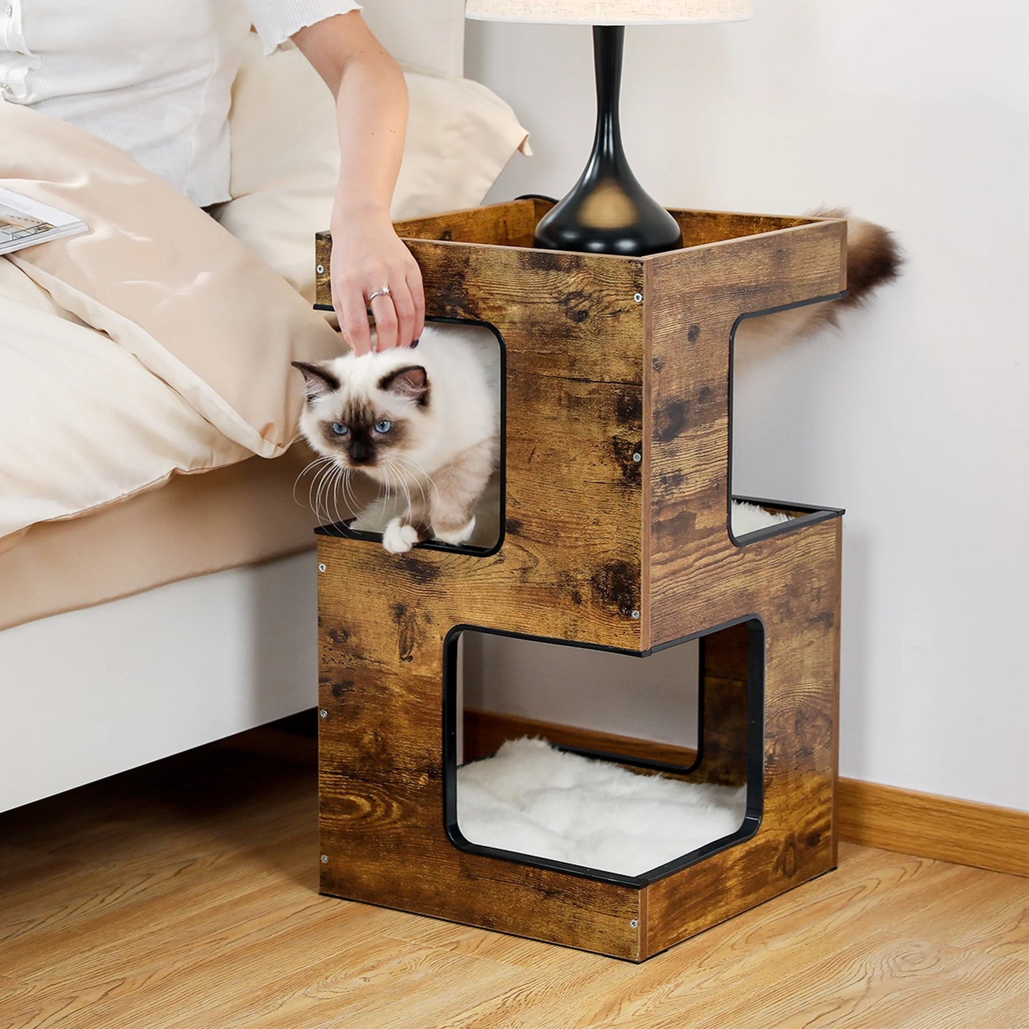 23" Wood Cat House Furniture for Indoor Cats, Modern Cat Tree Tower Bed with Free Cat Toy, Scratching Pad and Removable Soft Mats, Small Cat Condo, Brown