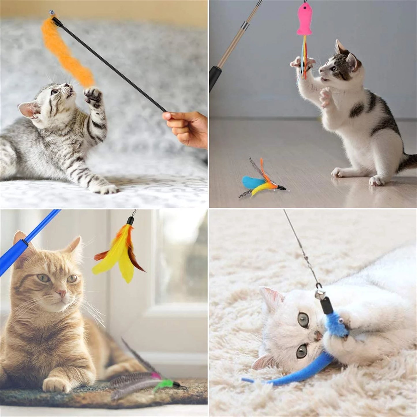 Cat Feather Toys, 10PCS Cat Toys with Super Suction Cup, Detachable 2PCS Cat Wand Toys & 6PCS Replacement Teaser Refills with Bell, Interactive Cat Toy for Indoor Cat Accessories